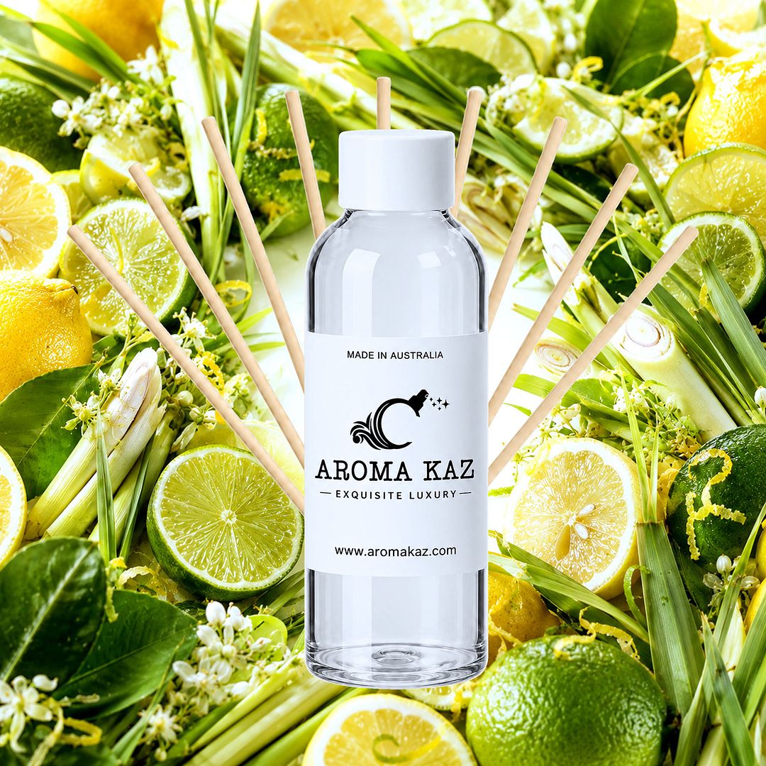 Lemongrass & Limes Diffuser Fragrance Oil Refill – vegan, cruelty-free featuring zesty lime and citrus lemongrass, handmade in Australia.