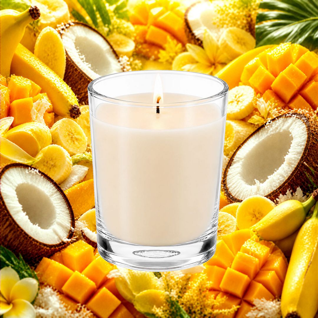 Banana Coconut & Mango Scented Votive Candles eco soy plant based – vegan, cruelty-free featuring tropical banana, coconut and mango fragrance, handmade in Australia.
