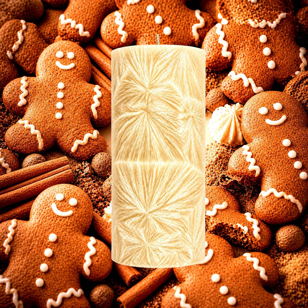 Gingerbread plant based Pillar Candle – vegan, cruelty-free featuring warm spicy ginger, sweet spices, nutmeg and sweet baked cookie notes, handmade in Australia.