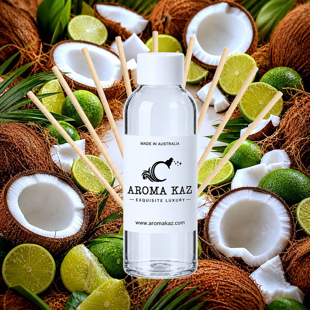 Coconut & Lime Diffuser Fragrance Oil Refill – vegan, cruelty-free featuring tropical coconut and zesty lime blend, handmade in Australia.