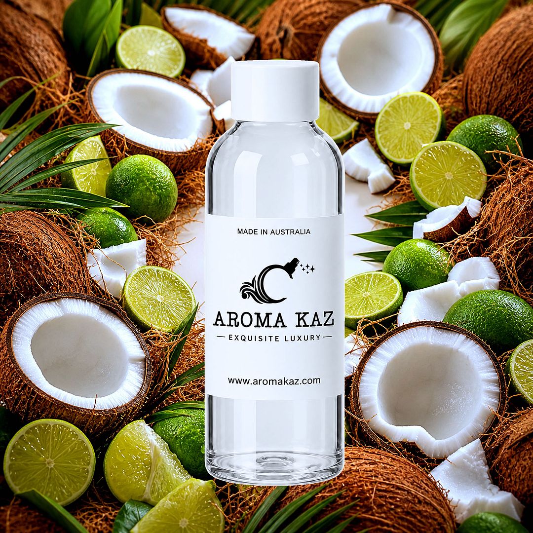 Coconut & Lime fragrance oil for candle making, soap making and perfume blending – vegan, cruelty-free featuring tropical coconut and zesty lime blend, handmade in Australia.