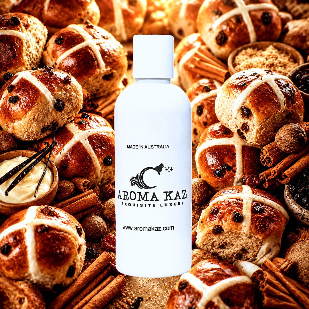 Hot Cross Buns Body Wash Shower Gel – vegan, cruelty-free featuring warm bakery spices, sweet dough, and vanilla icing notes, handmade in Australia.