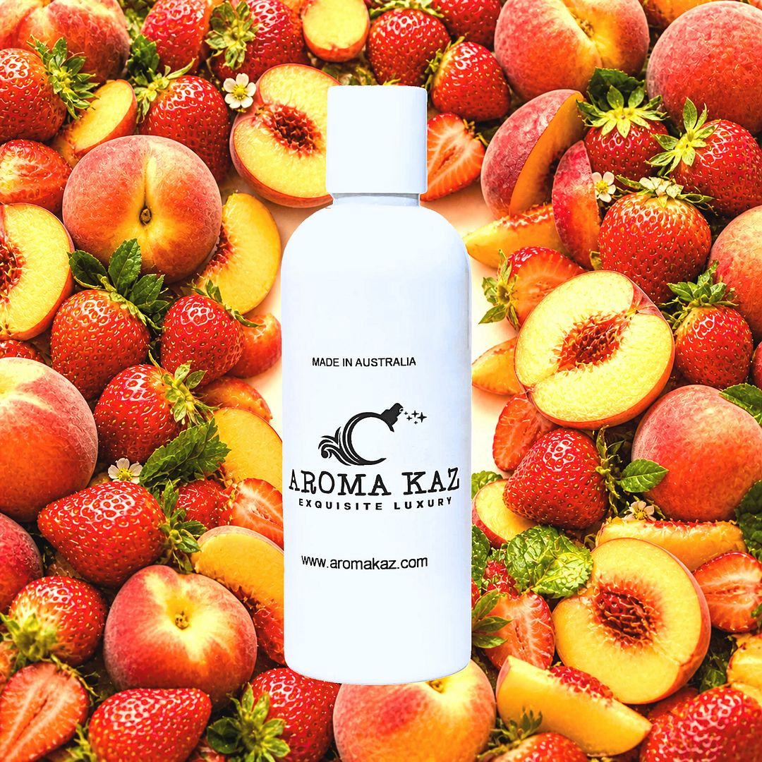 Strawberry Peaches Body Wash Shower Gel – vegan, cruelty-free featuring ripe peaches and juicy strawberries, handmade in Australia.
