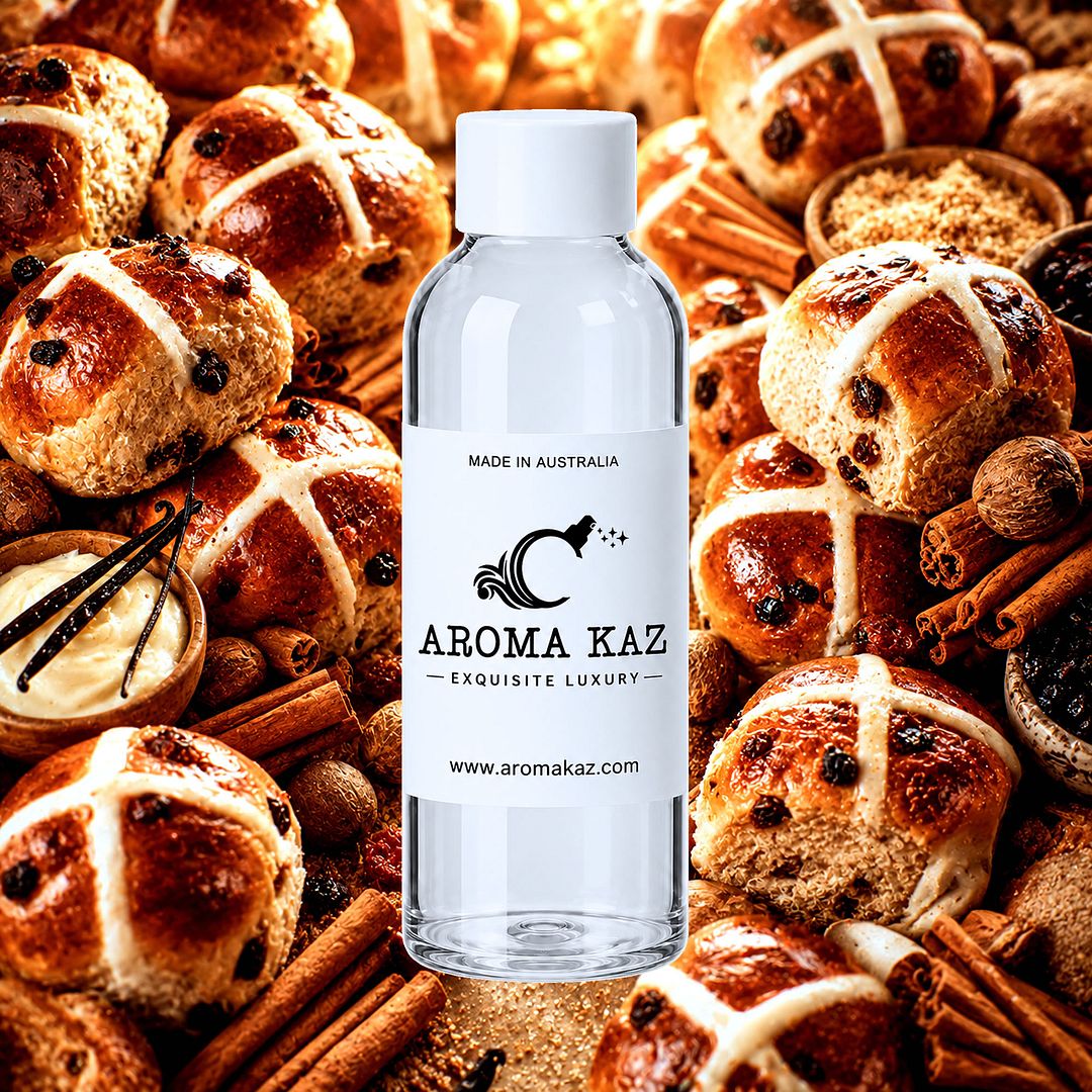 Hot Cross Buns fragrance oil for candle making, soap making and perfume blending – vegan, cruelty-free featuring warm bakery spices, sweet dough, and vanilla icing notes, handmade in Australia.