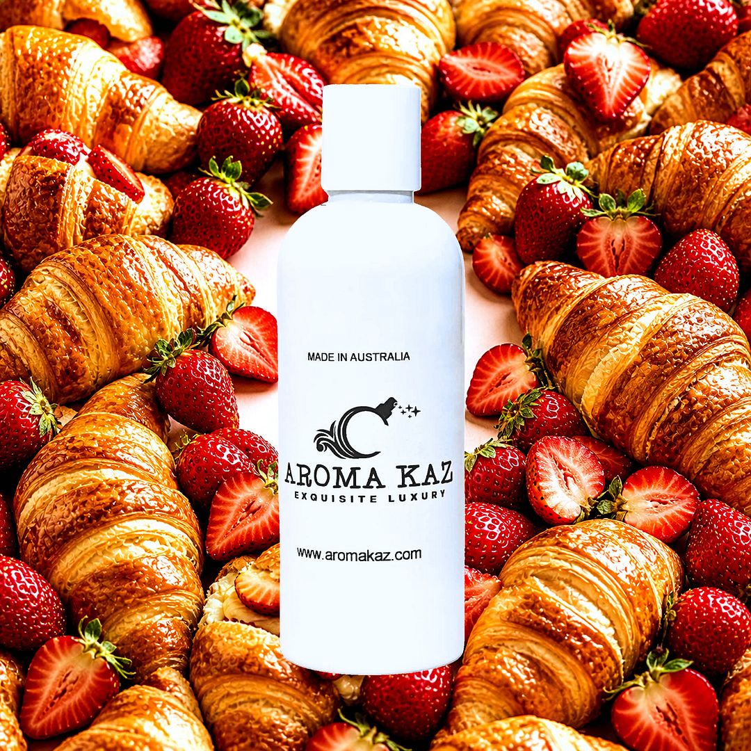 Strawberry Croissants Body Massage Oil – vegan, cruelty-free, plant-based hydrating oil with flaky pastry and sweet strawberry filling, handmade in Australia.