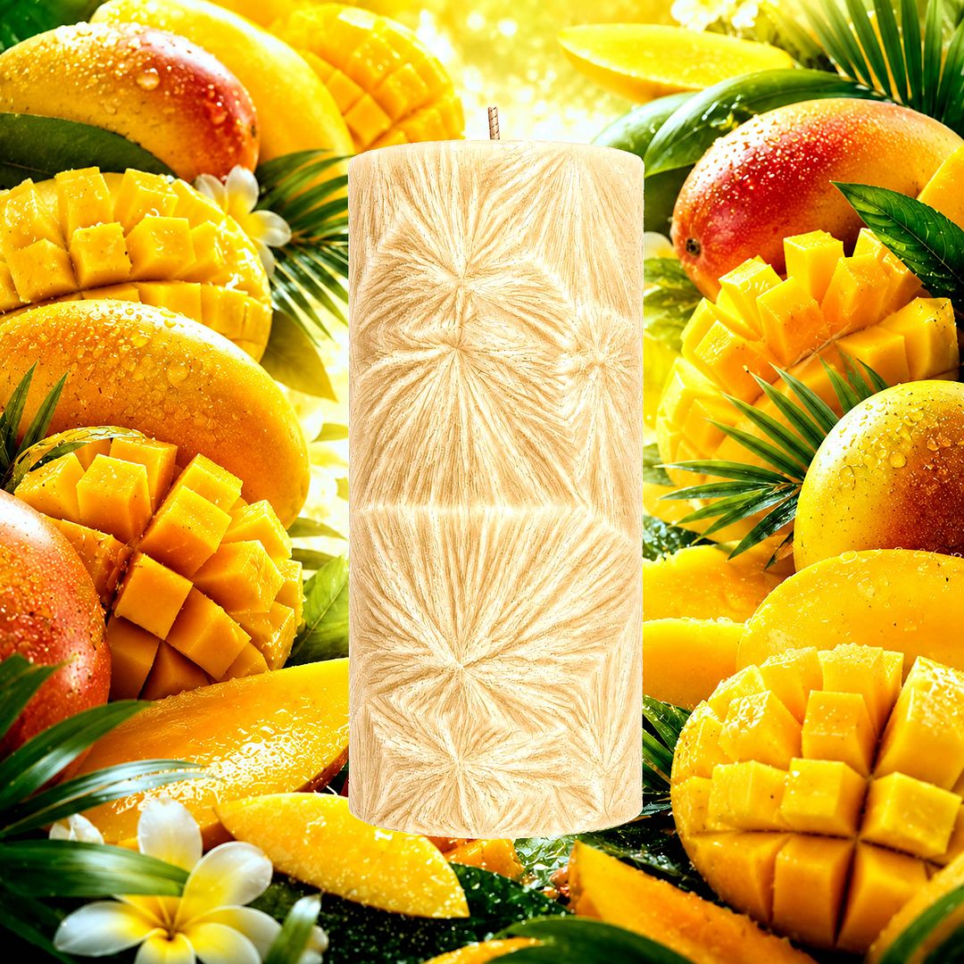 Fresh Mangoes plant based Pillar Candle – vegan, cruelty-free featuring juicy ripe mango sweetness, handmade in Australia.