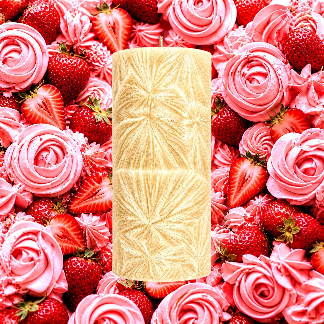 Strawberry Buttercream plant based Pillar Candle – vegan, cruelty-free featuring juicy strawberry frosting and creamy buttercream aroma, handmade in Australia.