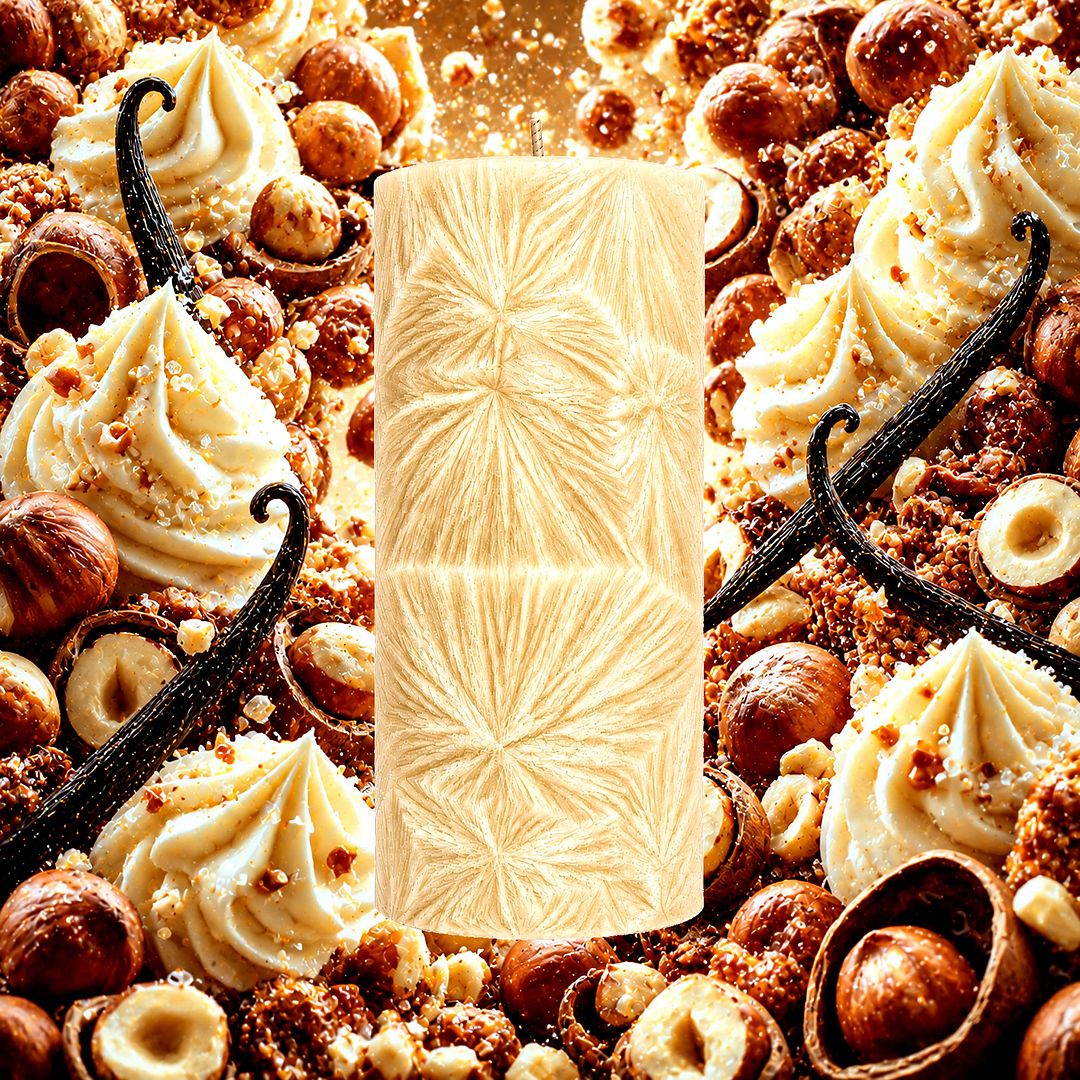 Vanilla Hazelnut plant based Pillar Candle – vegan, cruelty-free featuring creamy vanilla and roasted hazelnut richness, handmade in Australia.