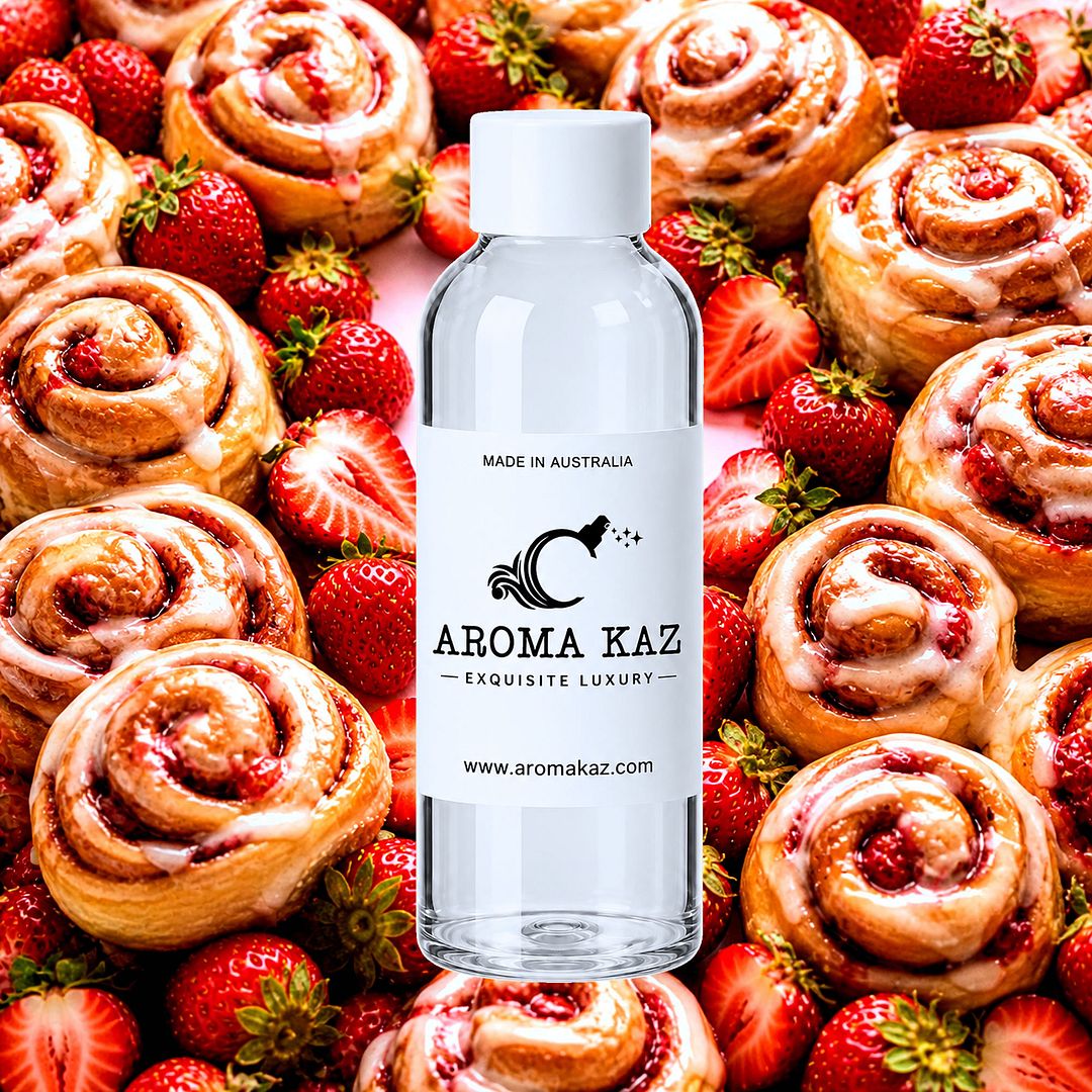 Strawberry Cinnamon Buns fragrance oil for candle making, soap making and perfume blending – vegan, cruelty-free featuring warm cinnamon buns and sweet strawberries, handmade in Australia.