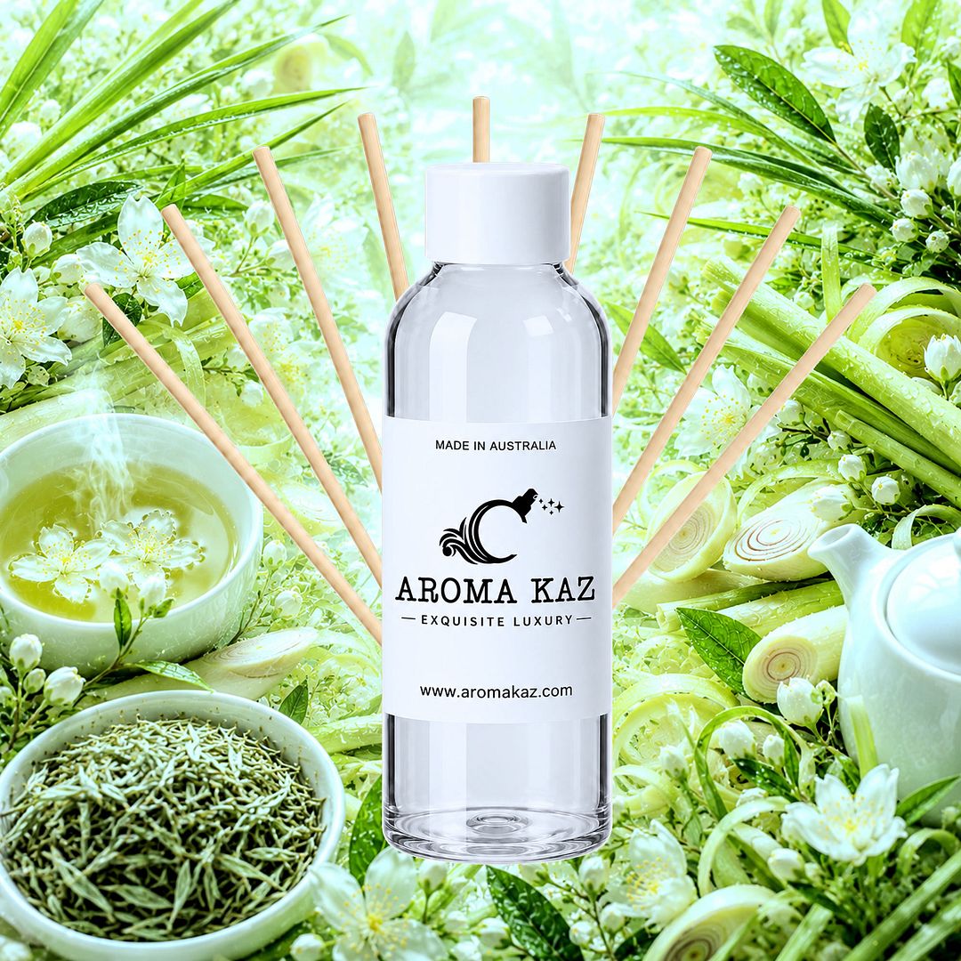 White Tea & Lemongrass Diffuser Fragrance Oil Refill – vegan, cruelty-free featuring zesty citrus lemongrass and sweetened white tea, handmade in Australia.