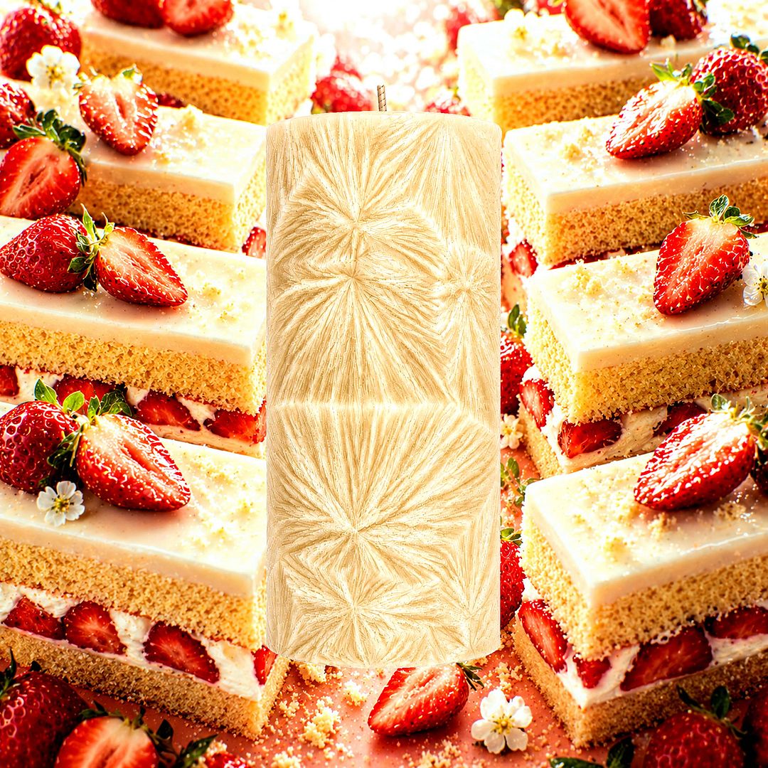 Strawberry Shortcake plant based Pillar Candle – vegan, cruelty-free featuring sweet strawberry shortcake and creamy vanilla, handmade in Australia.