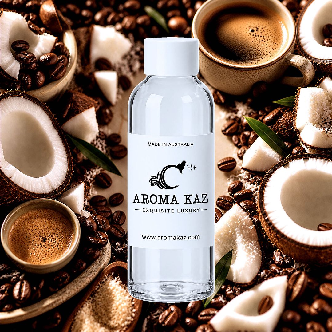 Coffee & Coconut fragrance oil for candle making, soap making and perfume blending – vegan, cruelty-free featuring bold roasted coffee with tropical coconut, handmade in Australia.