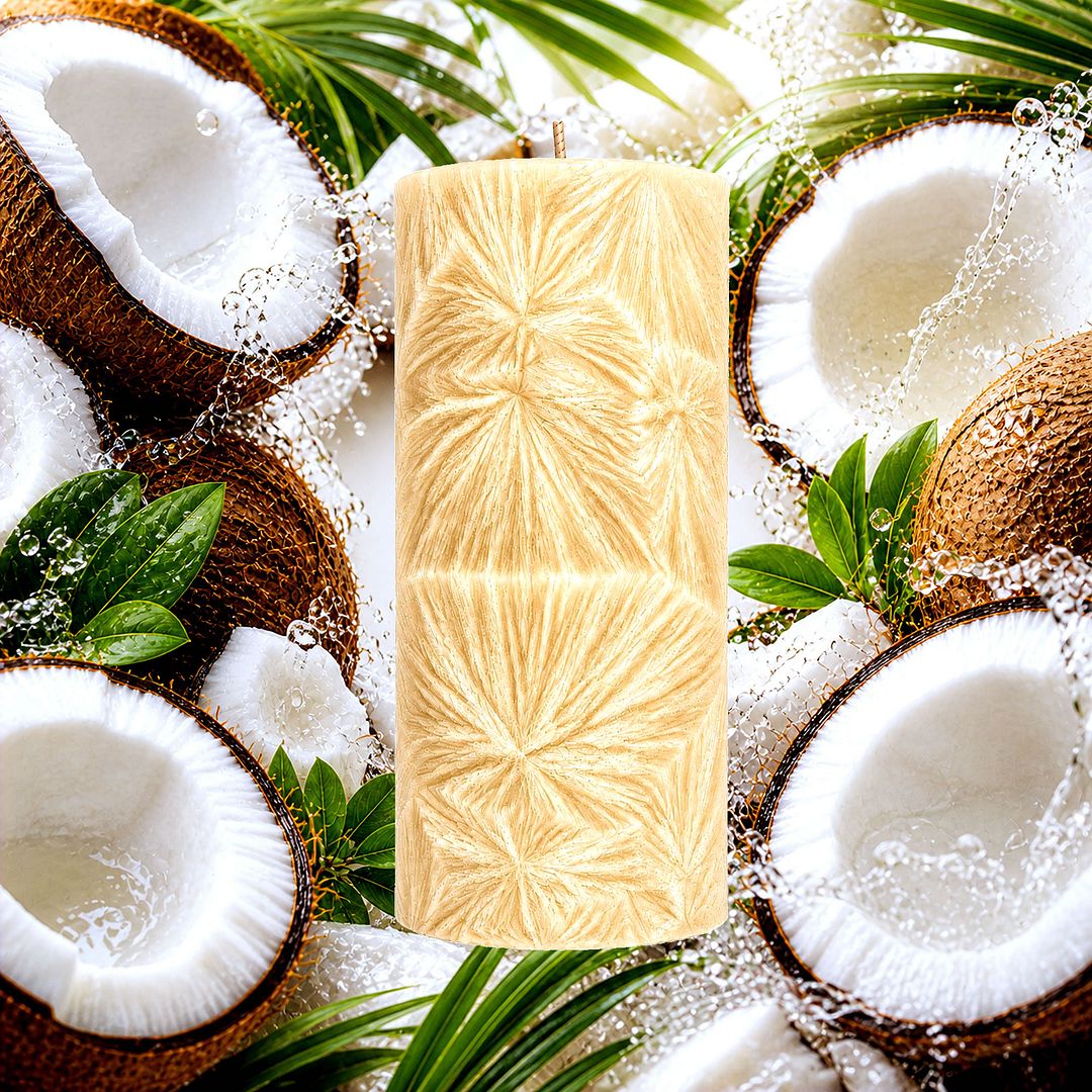 Fresh Coconut plant based Pillar Candle – vegan, cruelty-free featuring creamy tropical coconut, handmade in Australia.
