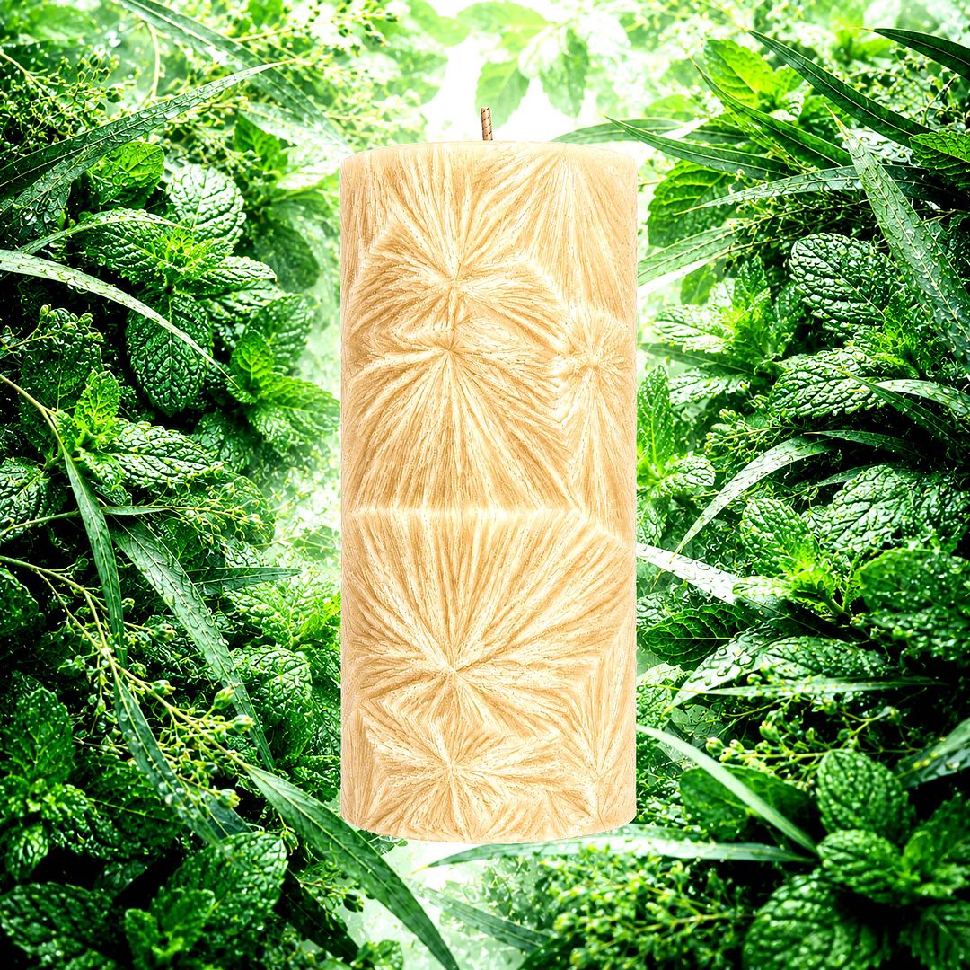 Eucalyptus & Peppermint plant based Pillar Candle – vegan, cruelty-free featuring cooling peppermint and crisp eucalyptus, handmade in Australia.