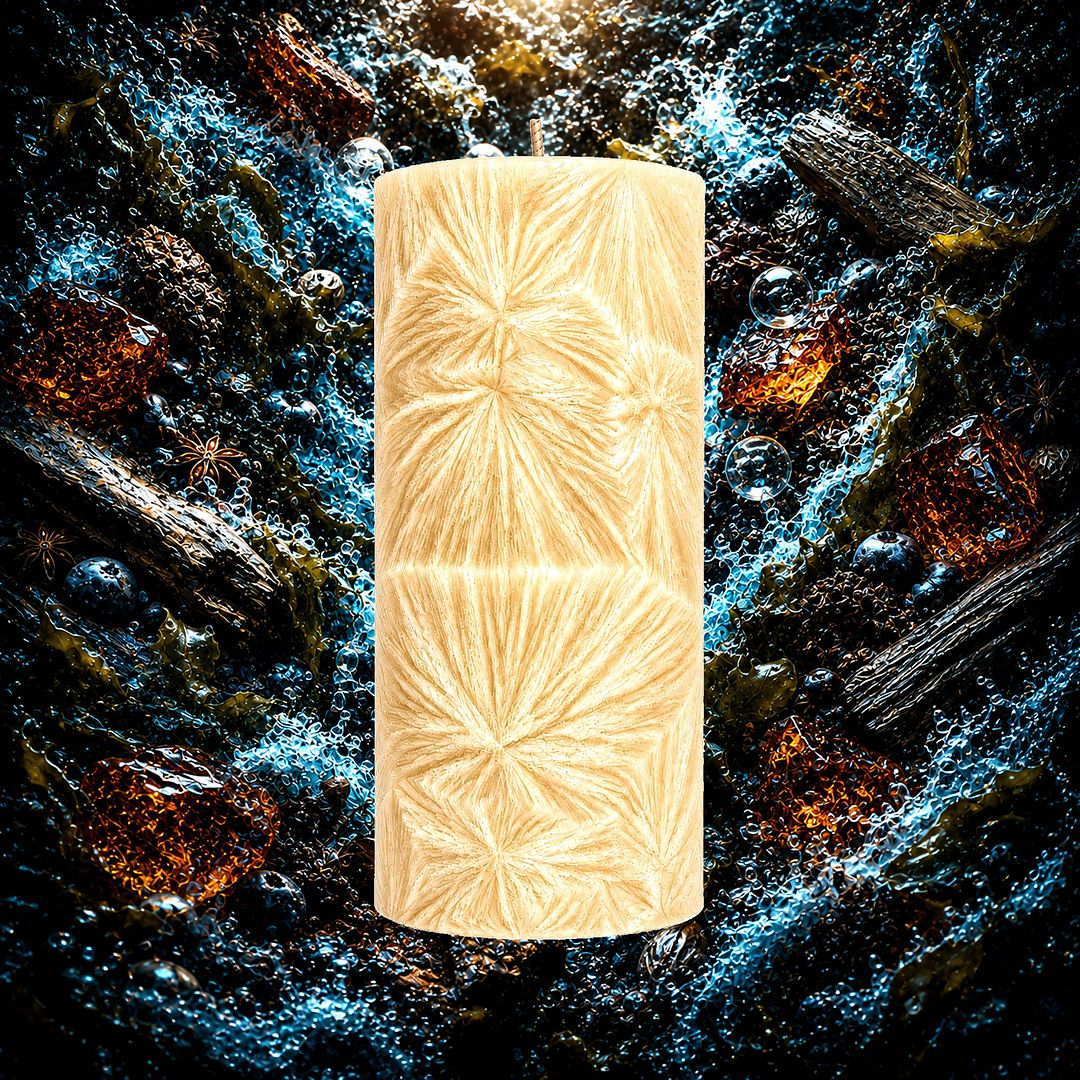 Sea Spice For Men plant based Pillar Candle – vegan, cruelty-free featuring fresh marine spices and masculine oceanic notes, handmade in Australia.