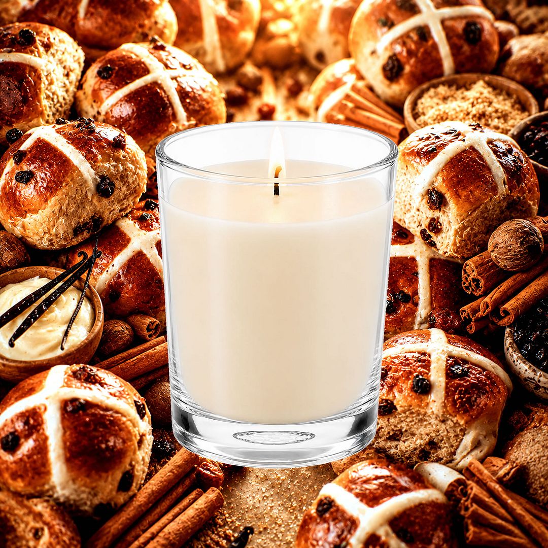 Hot Cross Buns Scented Votive Candles eco soy plant based – vegan, cruelty-free featuring warm bakery spices, sweet dough, and vanilla icing notes, handmade in Australia.