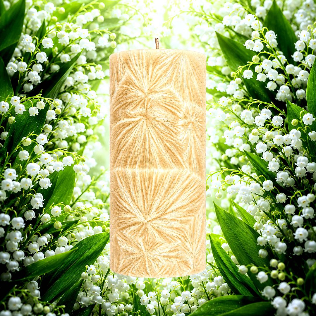 Lily Of The Valley plant based Pillar Candle – vegan, cruelty-free featuring delicate spring lily florals, handmade in Australia.