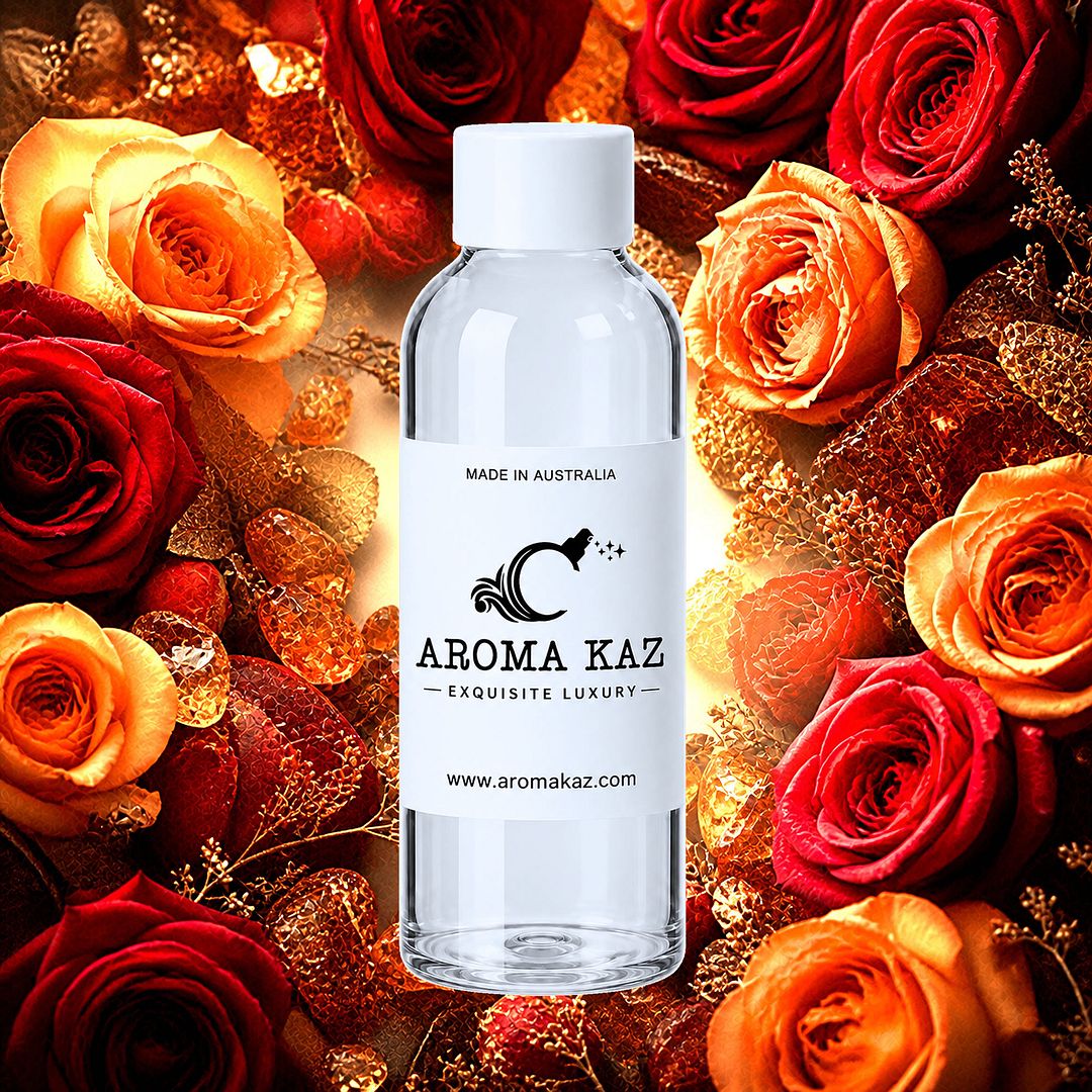Amber Rose fragrance oil for candle making, soap making and perfume blending – vegan, cruelty-free featuring warm amber and soft rose petals, handmade in Australia.