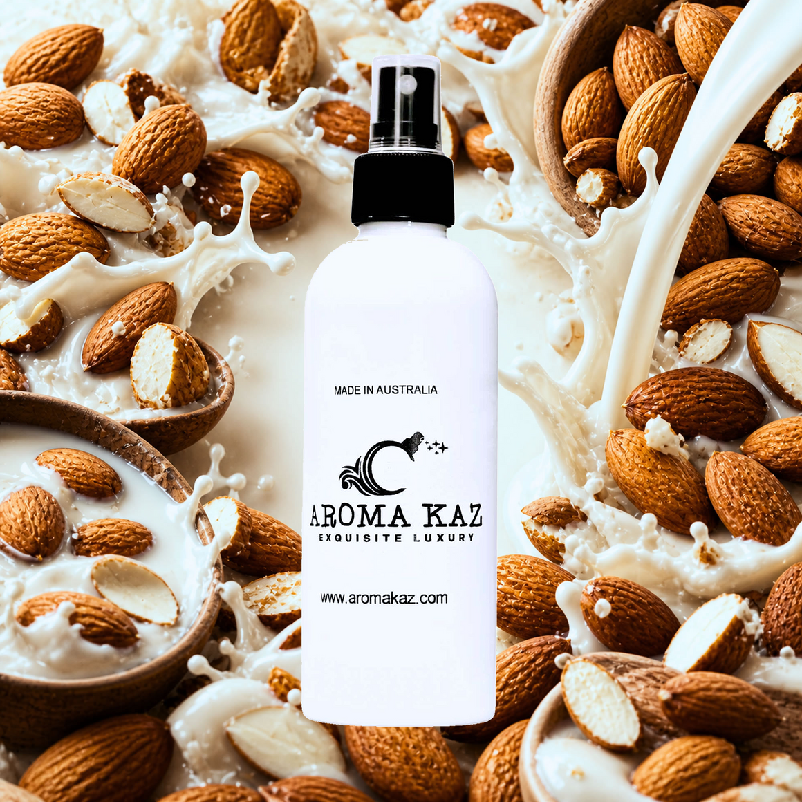 Aroma Kaz bottle surrounded by almonds and milk