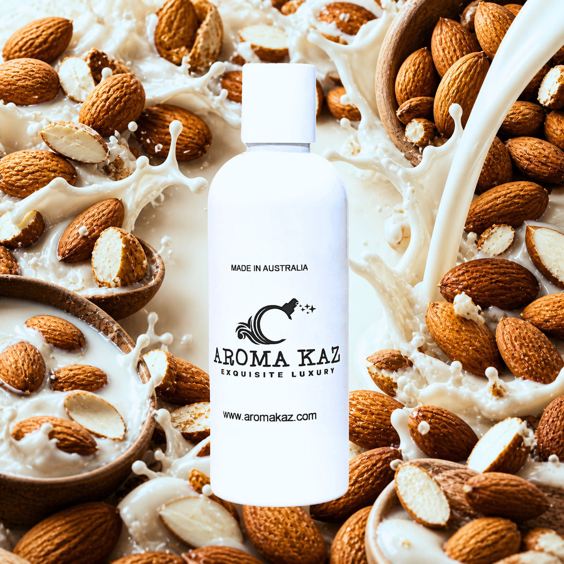 Bottle of Aroma Kaz product surrounded by almonds and milk