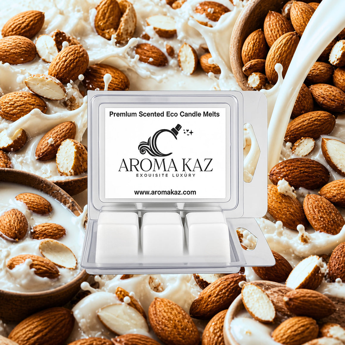 Aroma Kaz wax melts with almonds and milk in the background