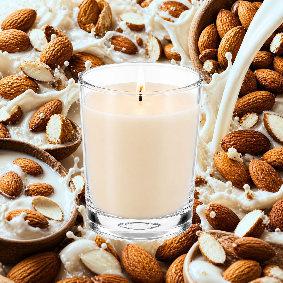 Glass of milk with almonds around it