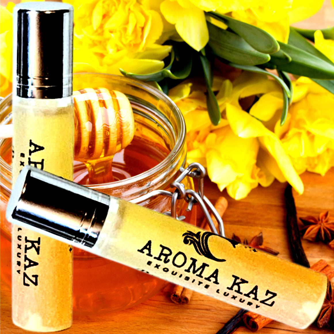 Amber Wattle & Wild Honey Fragrance Roll On – vegan, cruelty-free perfume roll on featuring sweet honeyed florals, handmade in Australia.