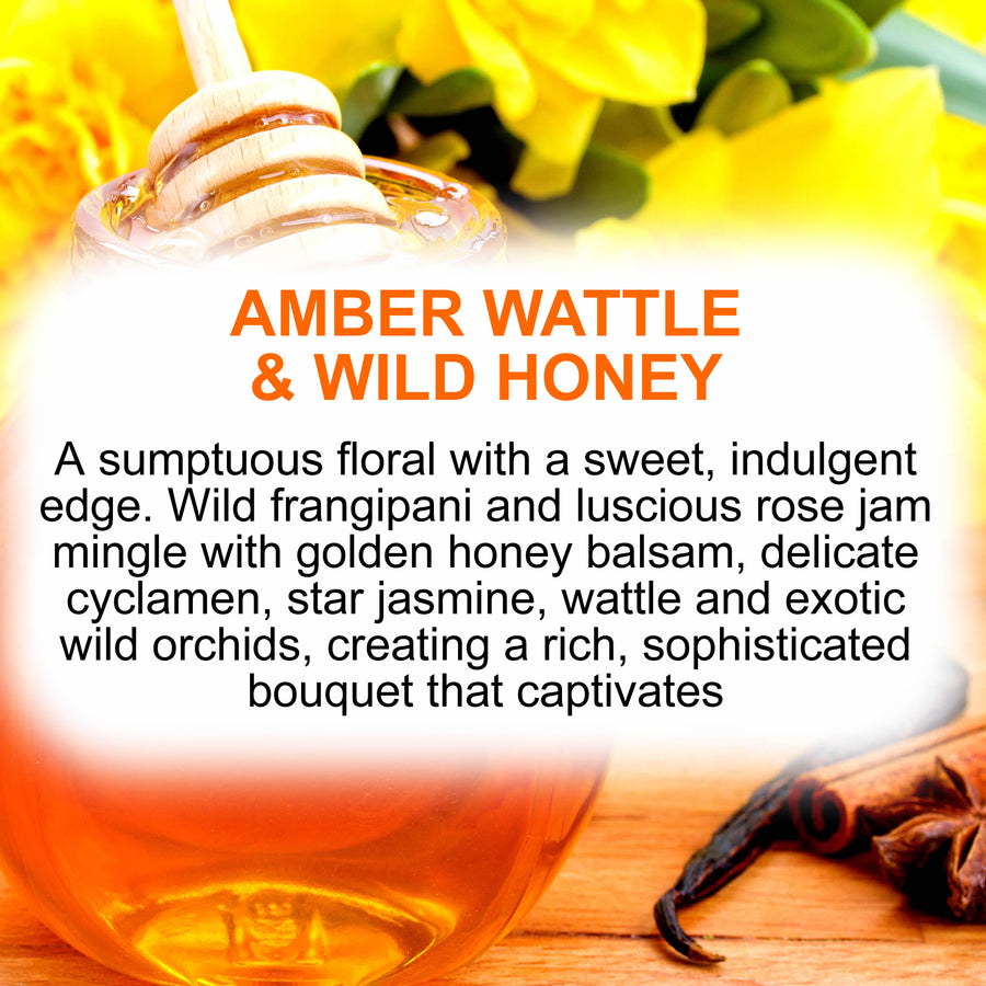 Amber Wattle & Wild Honey fragrance oil for candle making, soap making and perfume blending – vegan, cruelty-free featuring sweet honeyed florals, handmade in Australia.