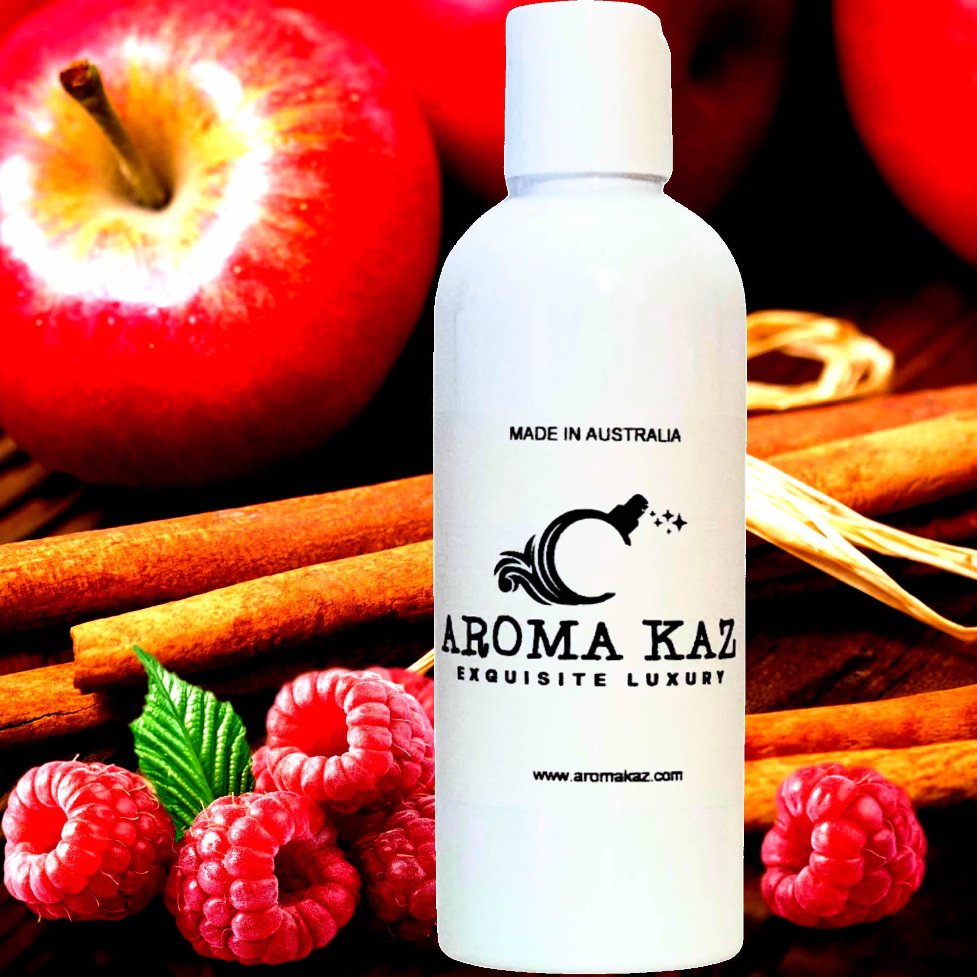 Apple Cinnamon Raspberry Body Massage Oil – vegan, cruelty-free fruit-spice blend with sweet apple, raspberry and cinnamon, handmade in Australia.