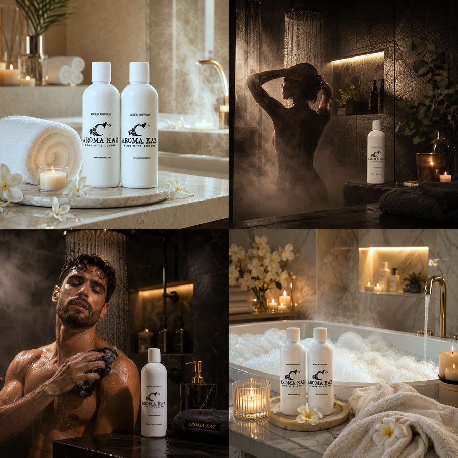Amber & Sandalwood Body Wash Shower Gel – vegan, cruelty-free featuring rich amber and smooth sandalwood, handmade in Australia.