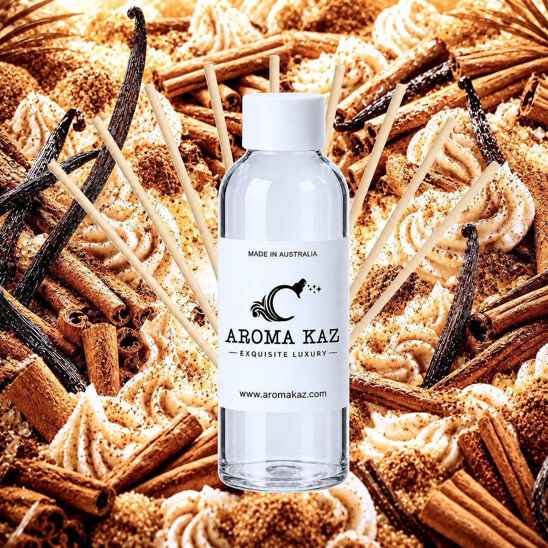 Creamy Cinnamon Vanilla Diffuser Fragrance Oil Refill – vegan, cruelty-free featuring warm cinnamon and creamy vanilla notes, handmade in Australia.