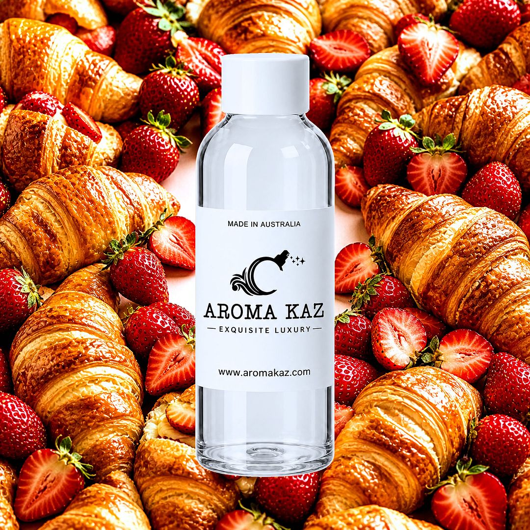 Strawberry Croissants fragrance oil for candle making, soap making and perfume blending – vegan, cruelty-free featuring flaky pastry and sweet strawberry filling, handmade in Australia.