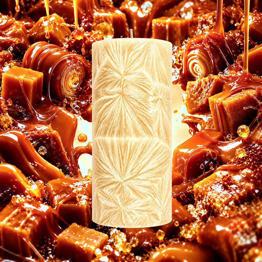 Creamy Caramel plant based Pillar Candle – vegan, cruelty-free featuring a rich buttery caramel aroma, handmade in Australia.