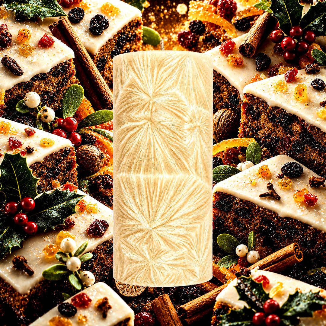 Vanilla Iced Christmas Cake plant based Pillar Candle – vegan, cruelty-free featuring spiced fruitcake, vanilla icing, and festive sweetness, handmade in Australia.