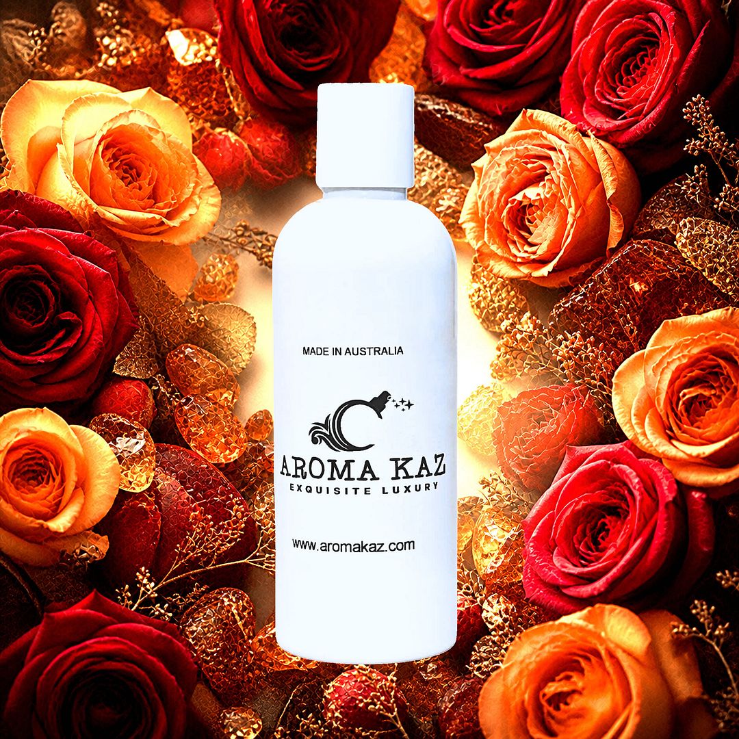 Amber Rose Body Wash Shower Gel – vegan, cruelty-free featuring warm amber and soft rose petals, handmade in Australia.