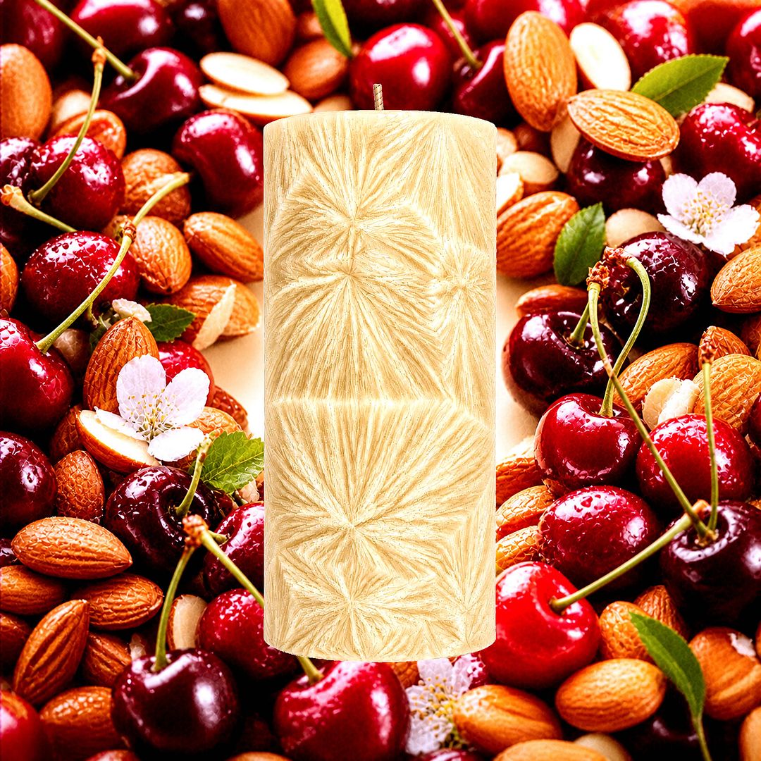 Cherry Almond plant based Pillar Candle – vegan, cruelty-free featuring sweet cherry and nutty almond blend, handmade in Australia.