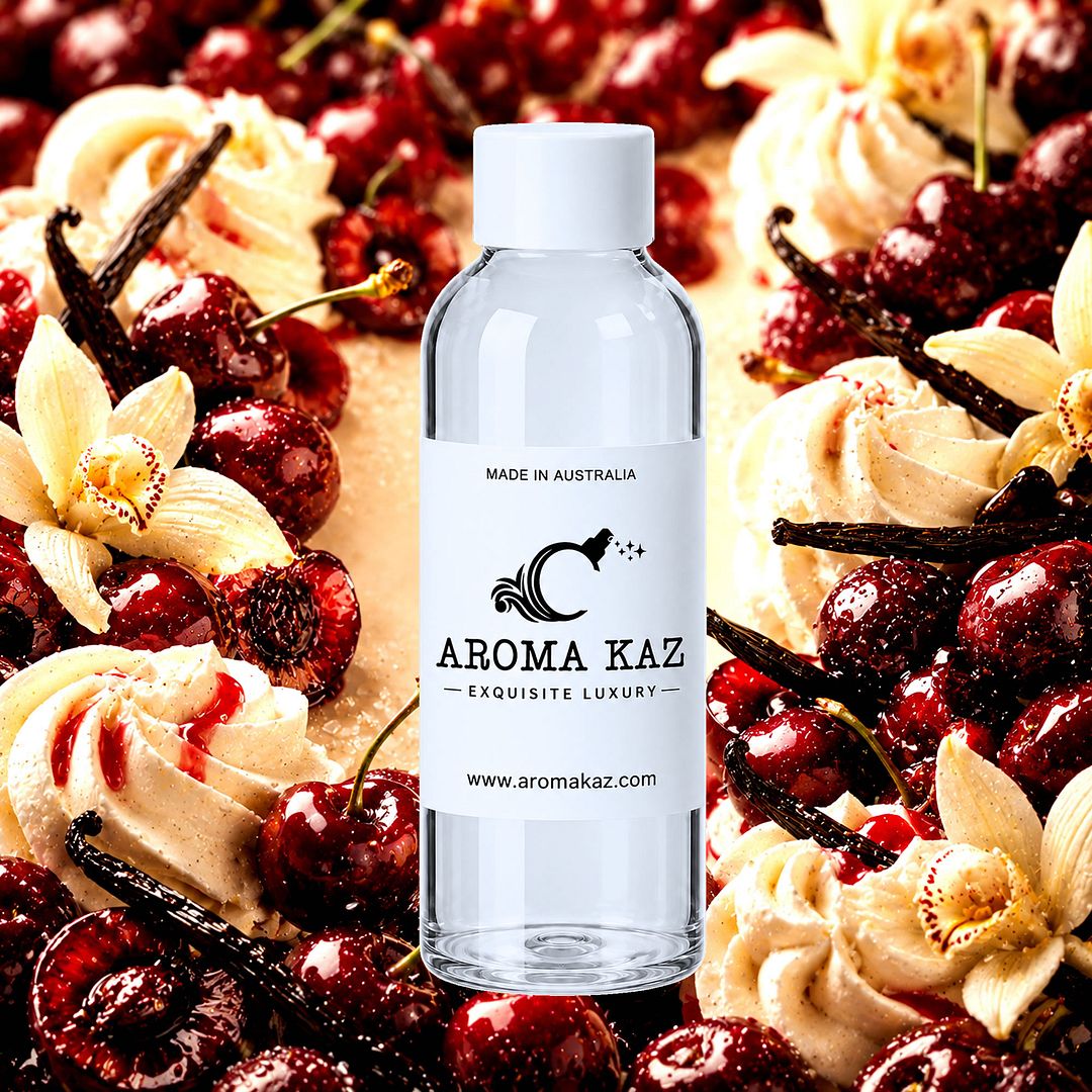 Cherry Vanilla fragrance oil for candle making, soap making and perfume blending – vegan, cruelty-free featuring fruity cherry and creamy vanilla fragrance, handmade in Australia.