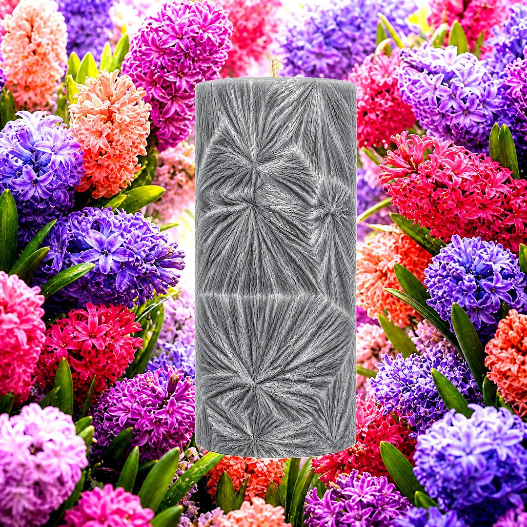 Hyacinth plant based Pillar Candle – vegan, cruelty-free featuring fresh spring hyacinth florals, handmade in Australia.