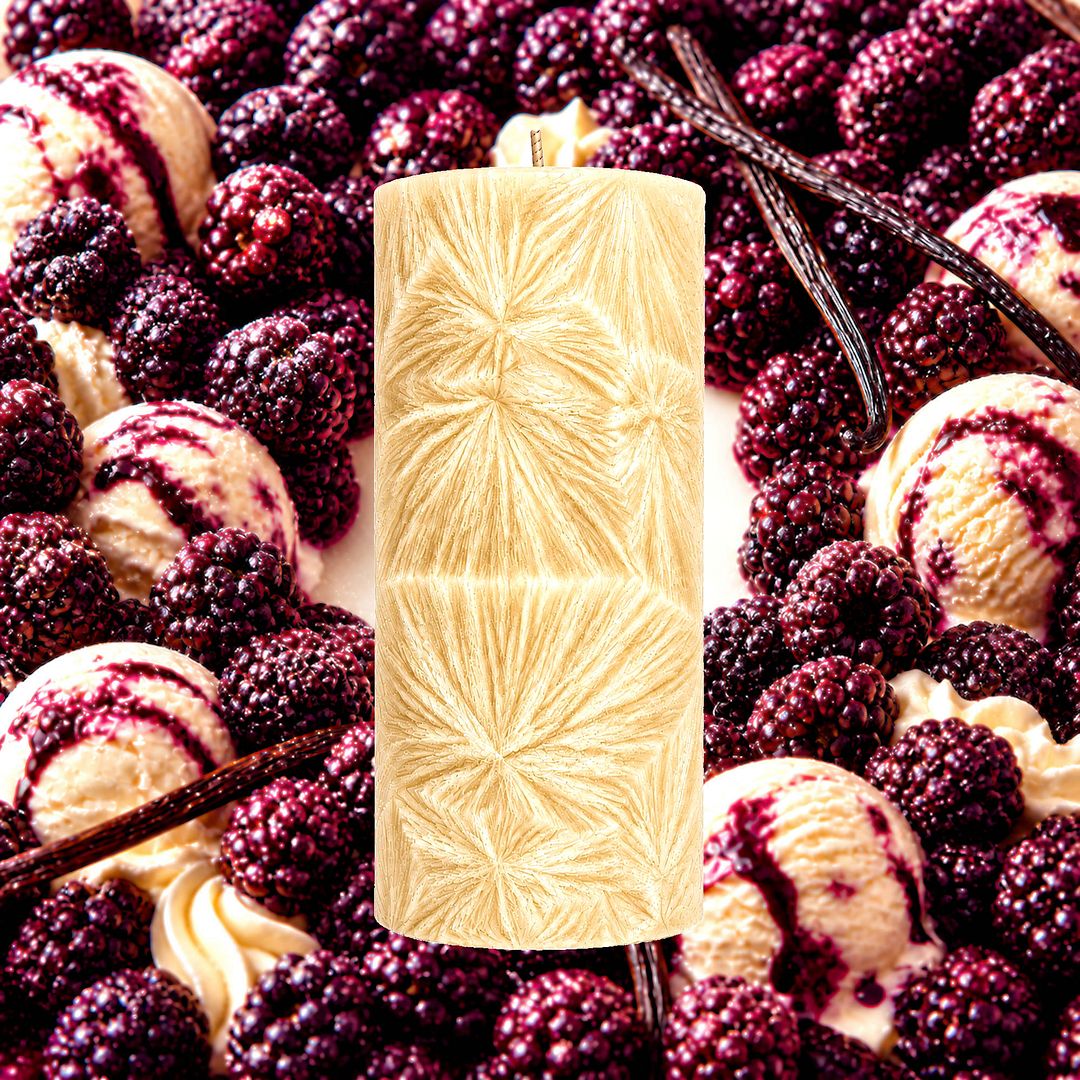 Blackberry Ice Cream plant based Pillar Candle – vegan, cruelty-free featuring creamy blackberry dessert fragrance, handmade in Australia.