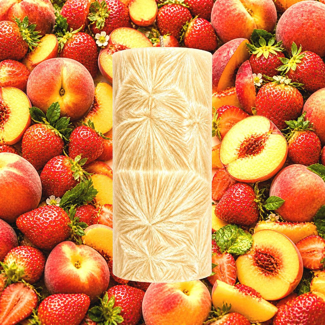 Strawberry Peaches plant based Pillar Candle – vegan, cruelty-free featuring ripe peaches and juicy strawberries, handmade in Australia.