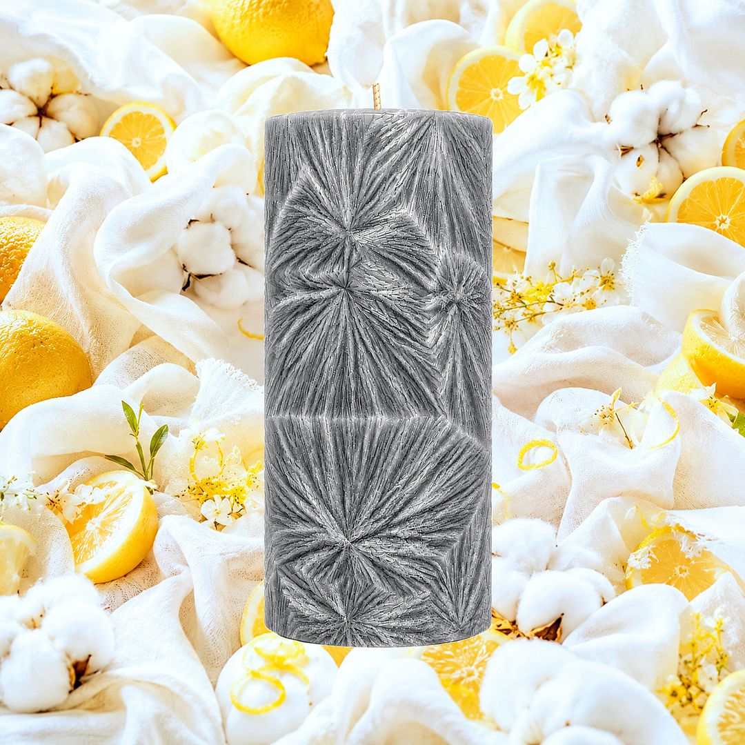 Lemon Fresh Linen plant based Pillar Candle – vegan, cruelty-free featuring crisp clean linen and citrus lemon notes, handmade in Australia.