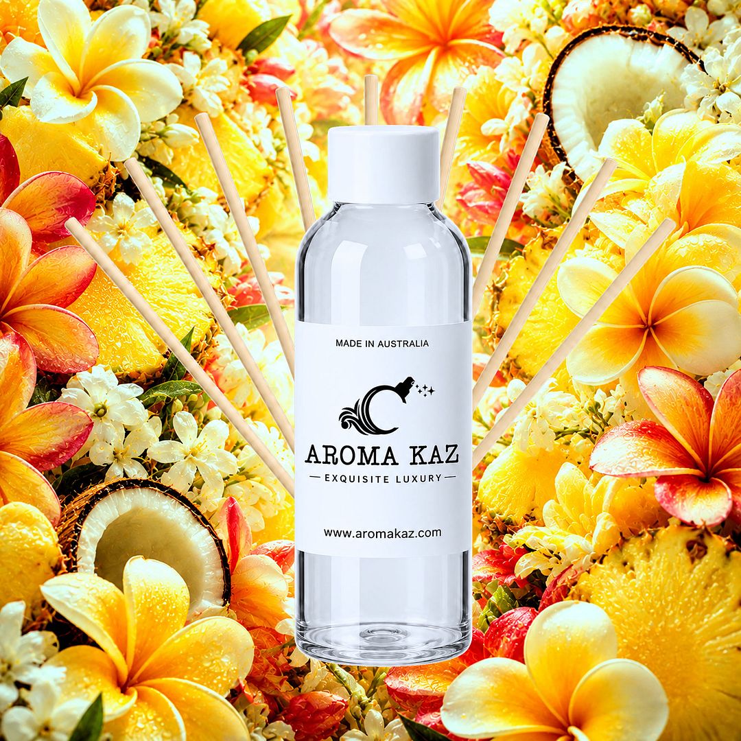 Tahitian Frangipani Diffuser Fragrance Oil Refill – vegan, cruelty-free featuring sweet tropical fruits and frangipani blossoms, handmade in Australia.