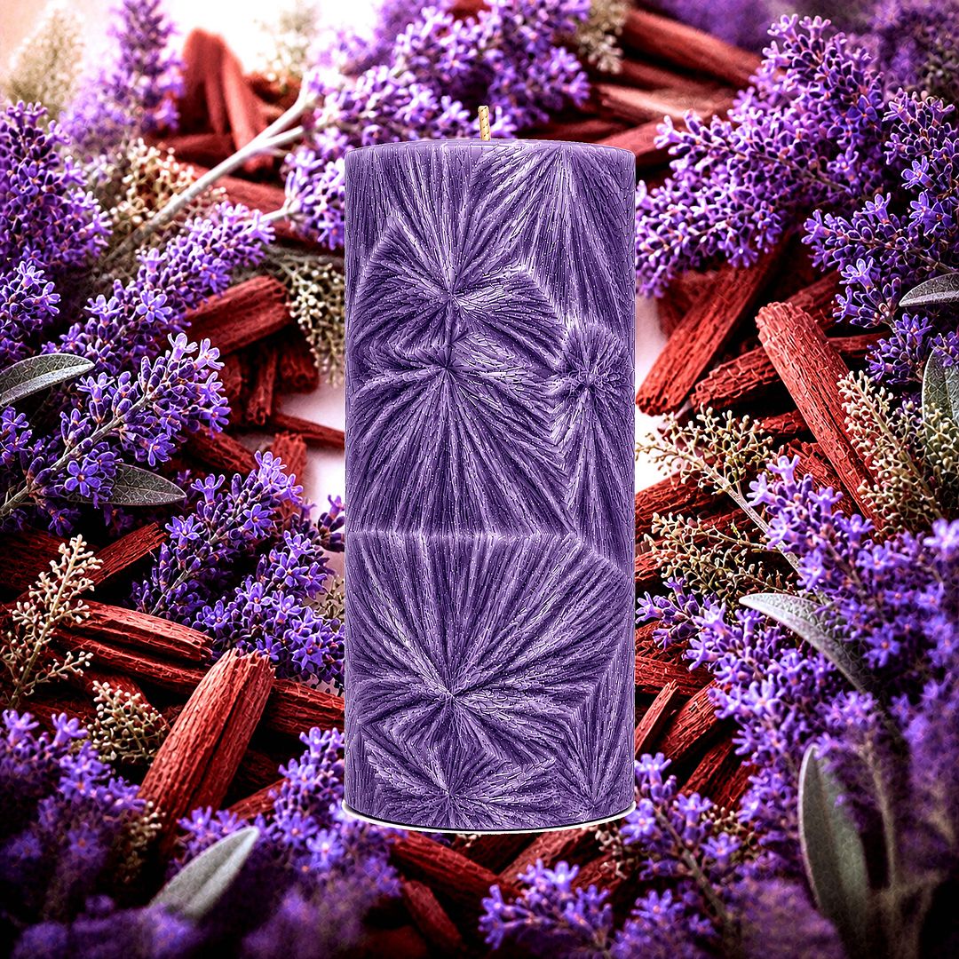 Lavender & Sandalwood plant based Pillar Candle – vegan, cruelty-free featuring floral fresh lavender and warm sandalwood notes, handmade in Australia.