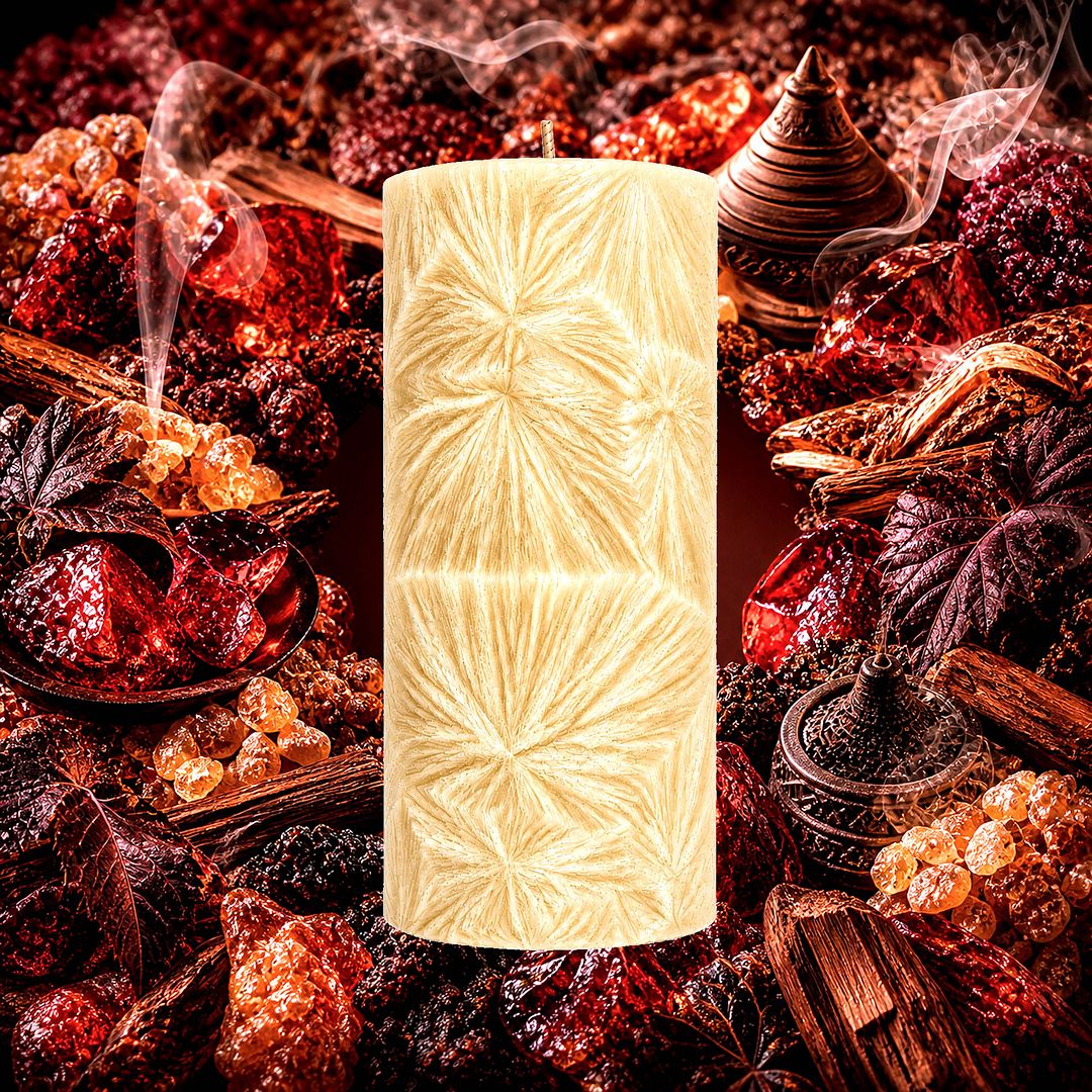 Dragons Blood plant based Pillar Candle – vegan, cruelty-free featuring a bold resinous incense aroma, handmade in Australia.