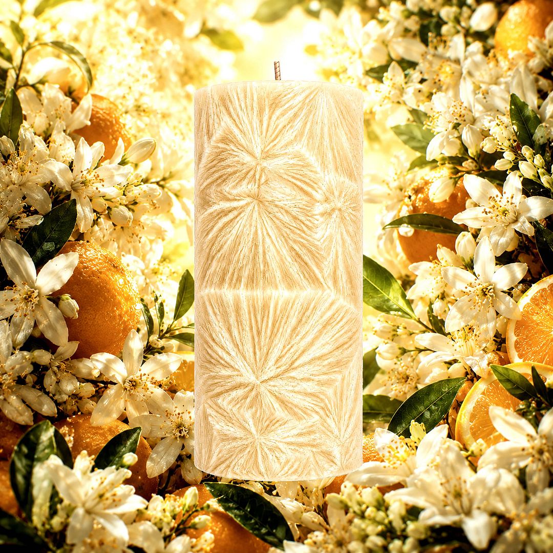 Fleur Ambree plant based Pillar Candle – vegan, cruelty-free featuring ambered neroli and bright orange geranium florals, handmade in Australia.