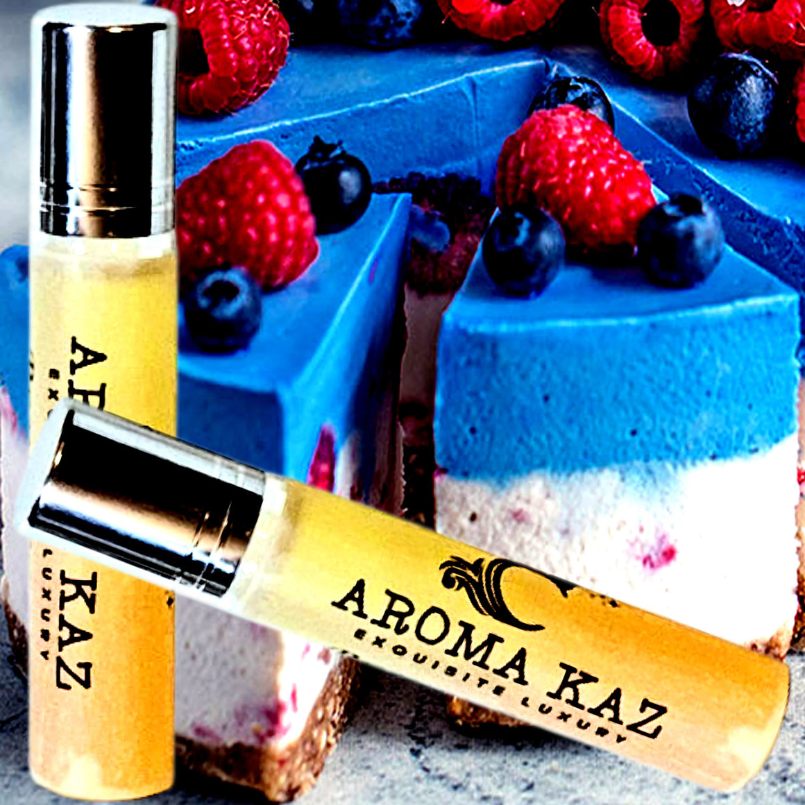 Blue Raspberry Cheesecake Fragrance Roll On – vegan, cruelty-free perfume roll on featuring fruity blue raspberry cheesecake aroma, handmade in Australia.