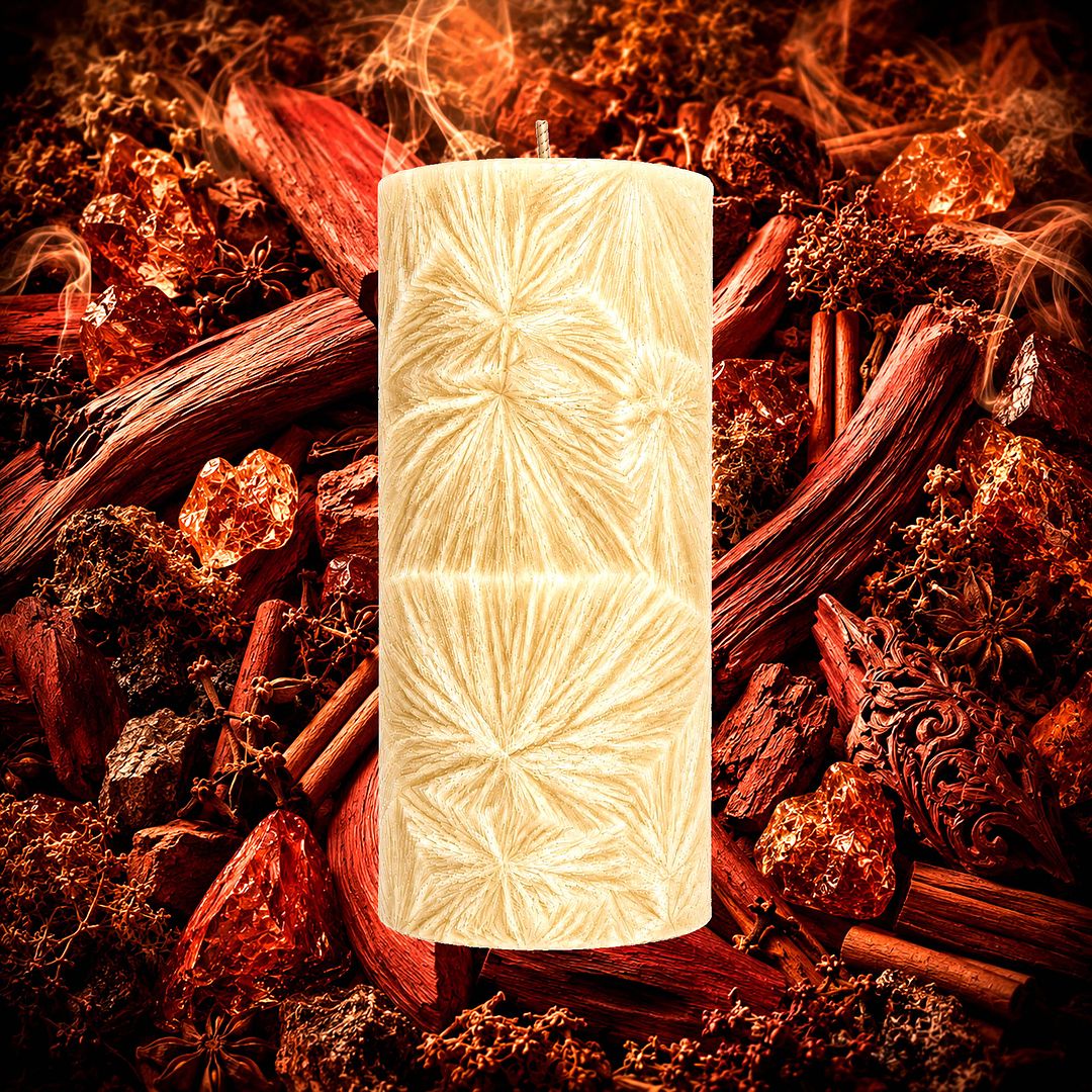 Persian Sandalwood plant based Pillar Candle – vegan, cruelty-free featuring deep warm sandalwood and exotic eastern spices, handmade in Australia.