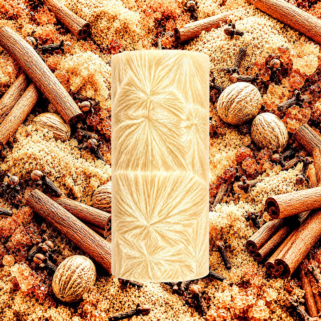 Brown Sugar Cinnamon Spice plant based Pillar Candle – vegan, cruelty-free featuring warm cinnamon and brown sugar blend, handmade in Australia.