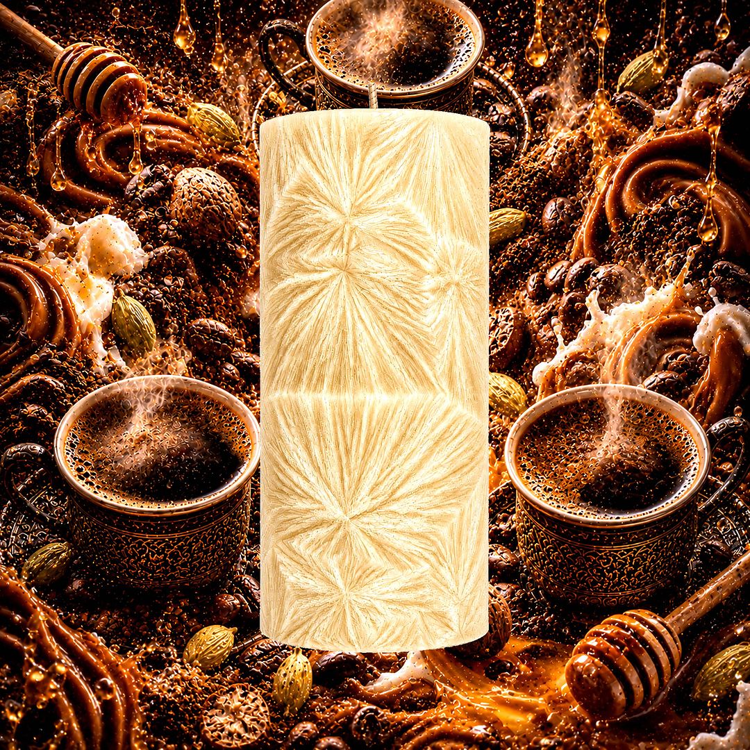 Turkish Mocha plant based Pillar Candle – vegan, cruelty-free featuring rich coffee, sweet honey and exotic spice, handmade in Australia.