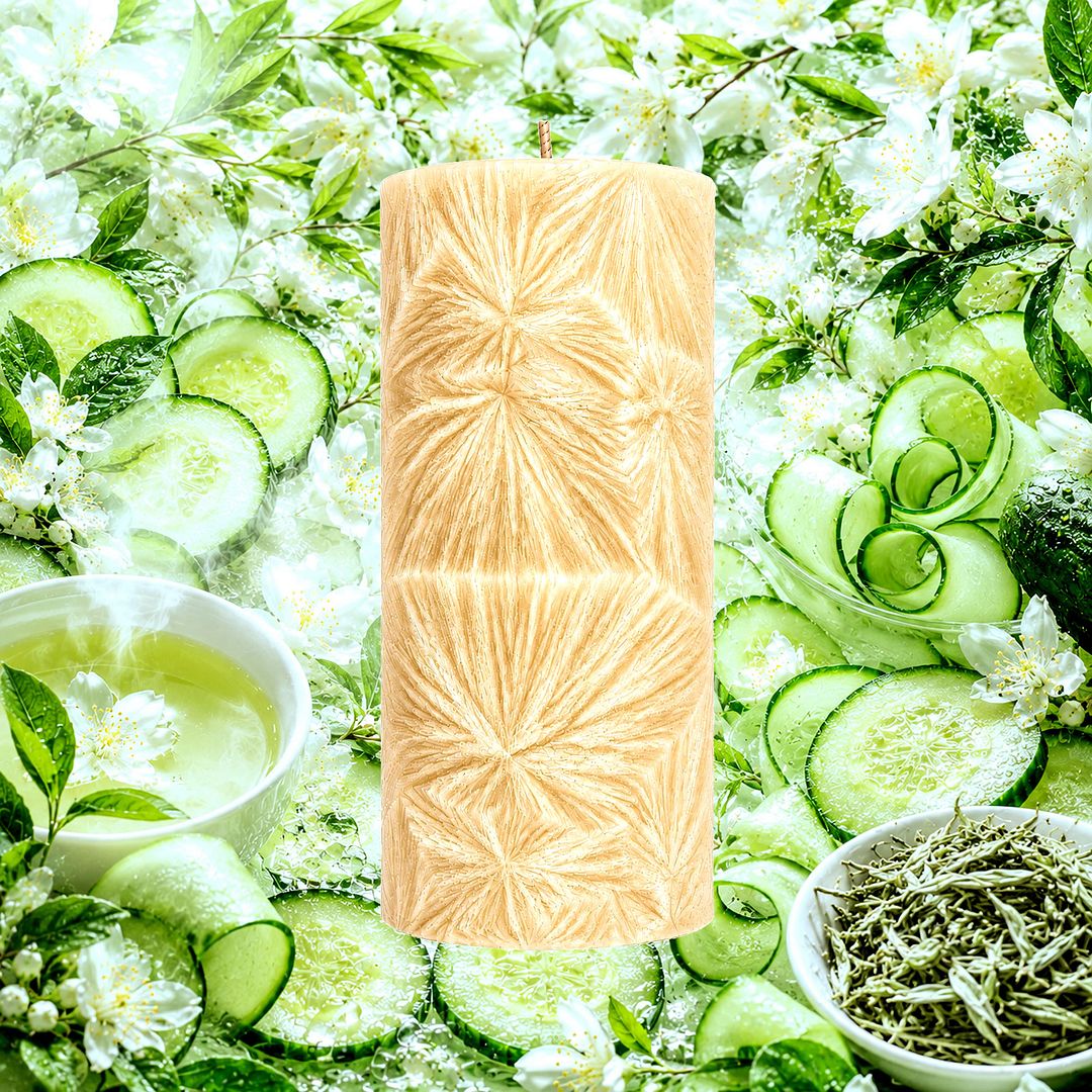 White Tea & Cucumber plant based Pillar Candle – vegan, cruelty-free featuring crisp cucumber and refreshing white tea, handmade in Australia.